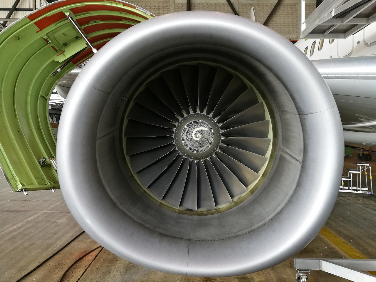 aircraft, engine, front, jet, transport, machinery, airplane, spiral, motor, turbine, machine, aviation, plane, maintenance, metal, blade